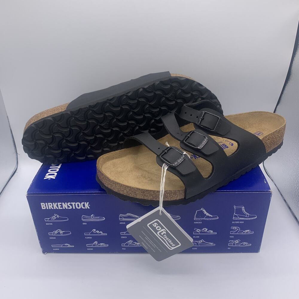 Birkenstock Florida Men’s Size 10 Black Three Strap Cork Regular Fit New In Box